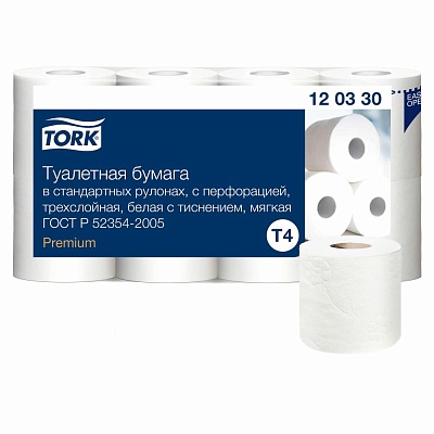 Бумага туалетная TORK 3-слойная, спайка 8 шт. х 15 м, Premium, 120330 Россия Система T4 (х8/96)